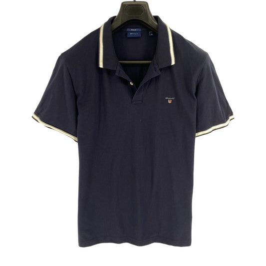 GANT Men Navy Blue Herringbone Tipping Pique Short Sleeve Polo Shirt Size 2XL