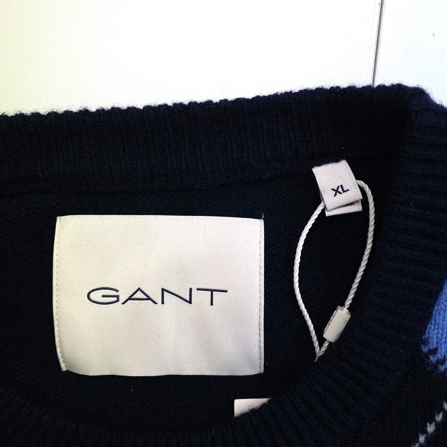 GANT Men Navy Blue Argyle Crew Neck Sweater Pullover Size XL