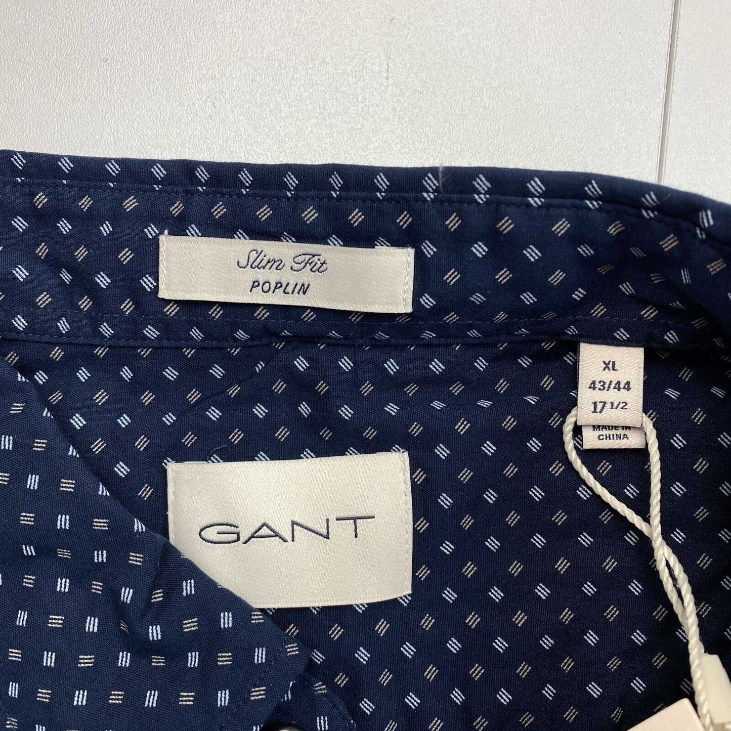 GANT Navy Blue Micro Print Poplin Slim Fit Shirt Size XL 43/44 17.5