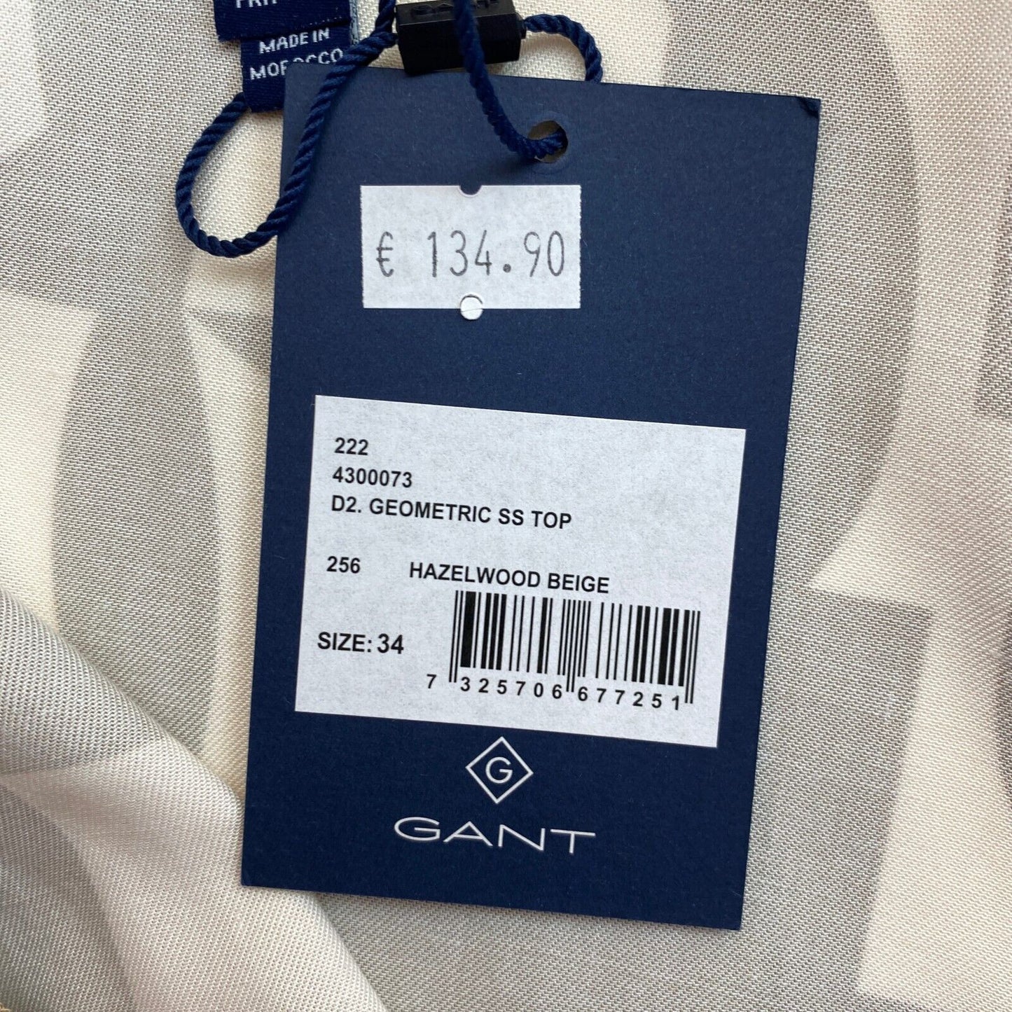 GANT Hellbraune Bluse mit geometrischem Muster und kurzen Ärmeln, Größe EU 34 UK 6 US 4