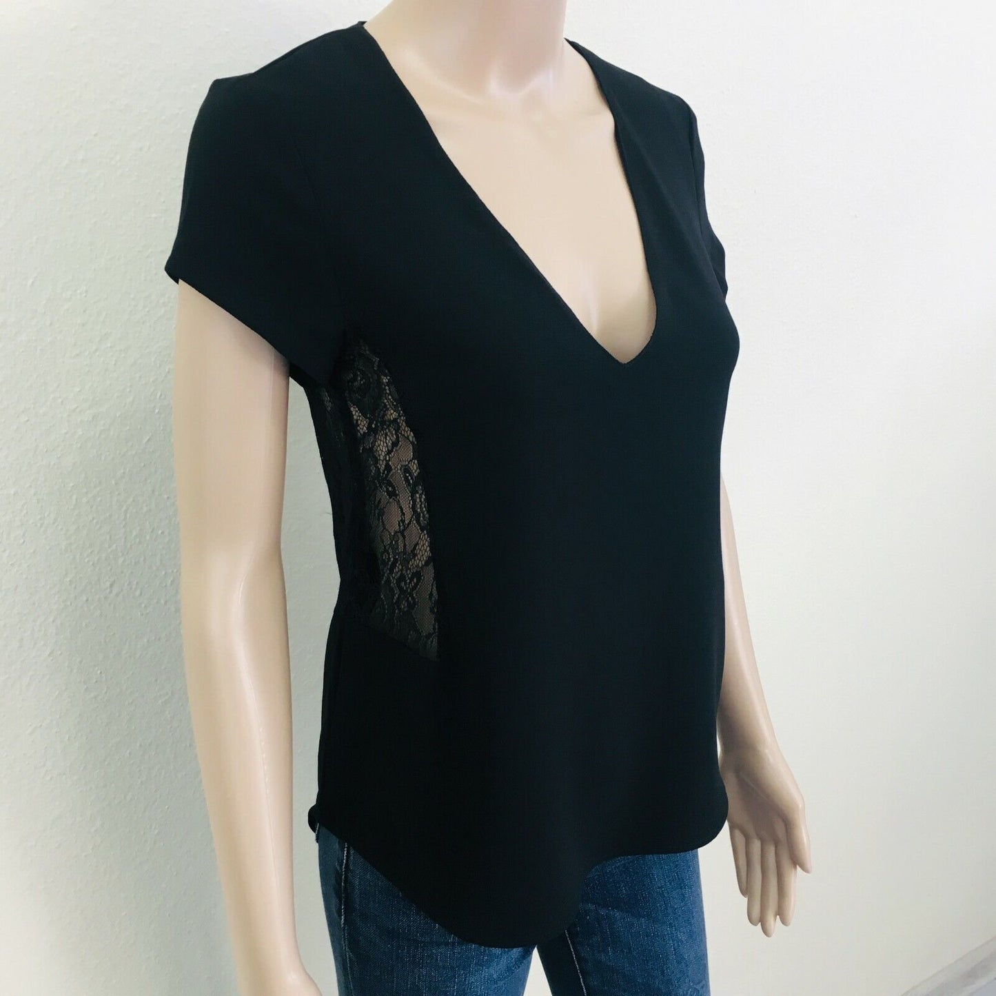 ZARA Noir V Neck T Shirt Top Blouse Taille XS