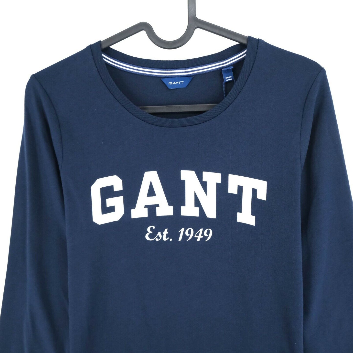 GANT Marineblaues T-Shirt mit großem Logo, Rundhalsausschnitt, lange Ärmel, Größe XS