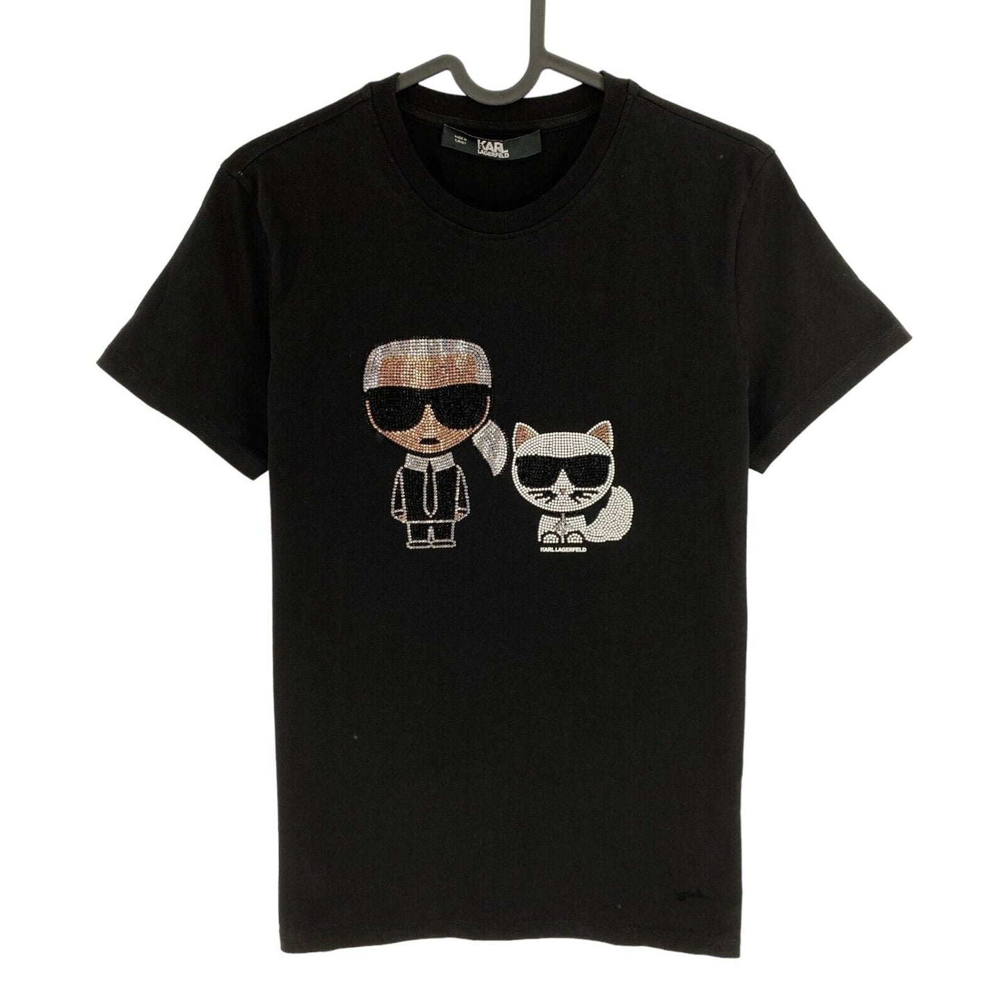 Karl Lagerfeld Black Ikonik Rhinestone Karl Choupette Crew Neck T Shirt Size XS