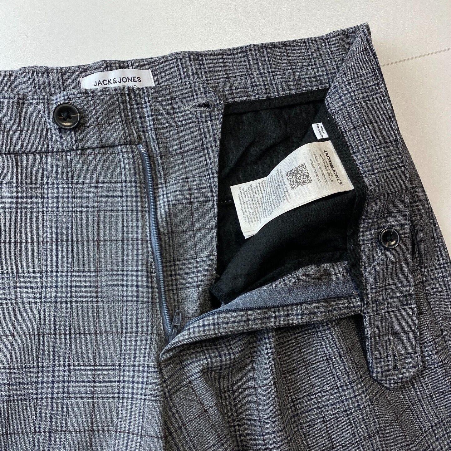 JACK & JONES Grey Checkered Stretch Slim Fit Dress Trousers W32 L32