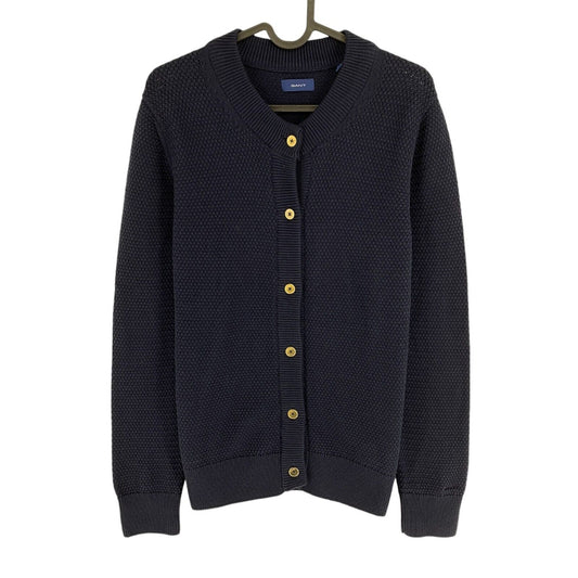 GANT Women Navy Blue Cotton Texture Crew Neck Cardigan Sweater Size M