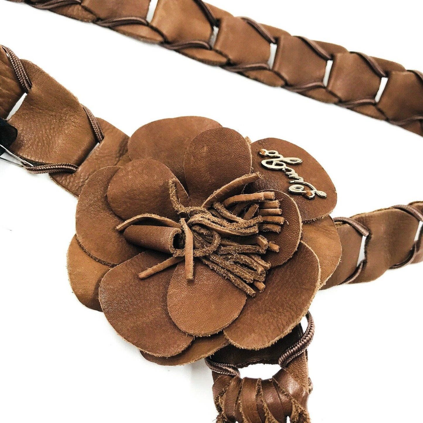 LIU JO Ceinture de créateur en cuir tressé marron avec fleurs Taille S