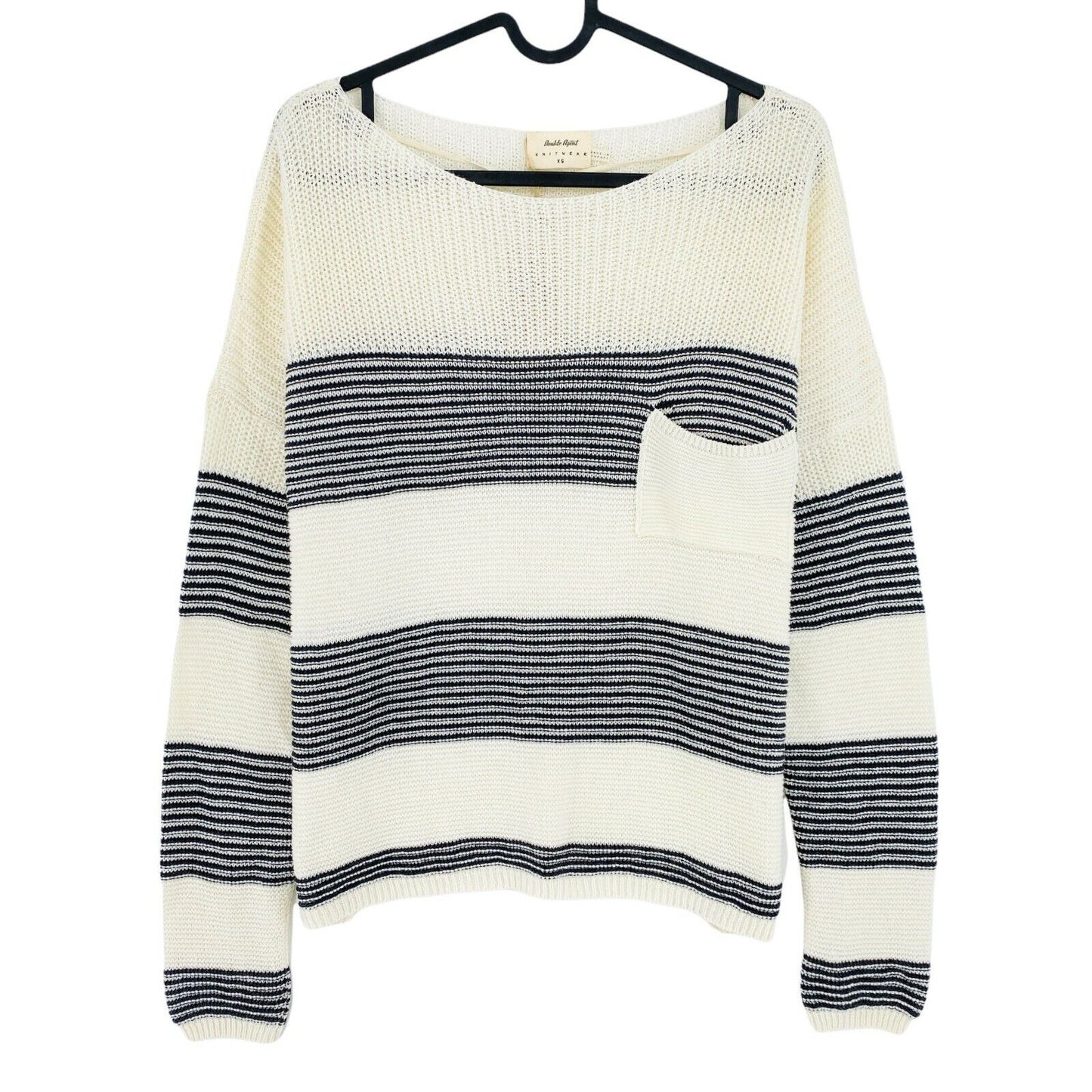 DOUBLE AGENT Beige Striped Knit With Pocket Details Sweater Jumper Size XS