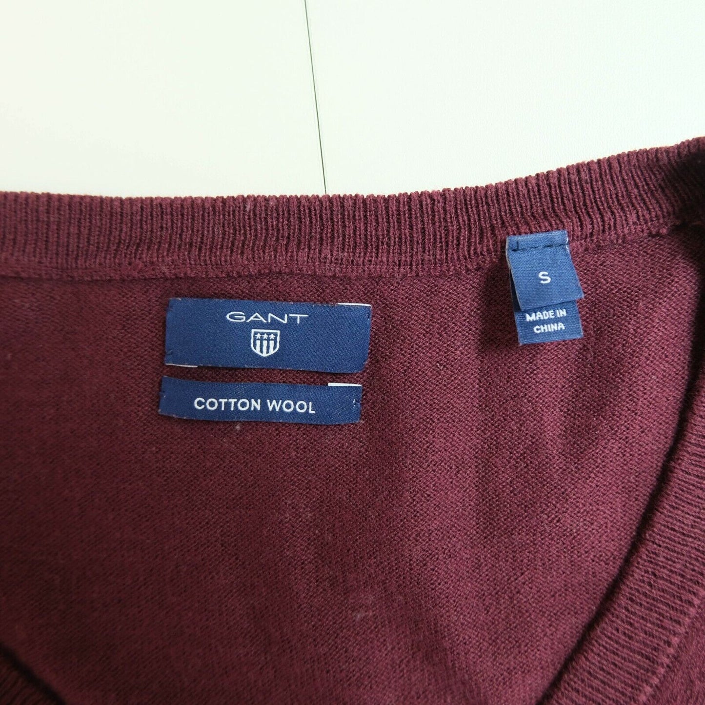 GANT Bordeaux Red V Neck Cotton Wool Blend Sweater Jumper Size S