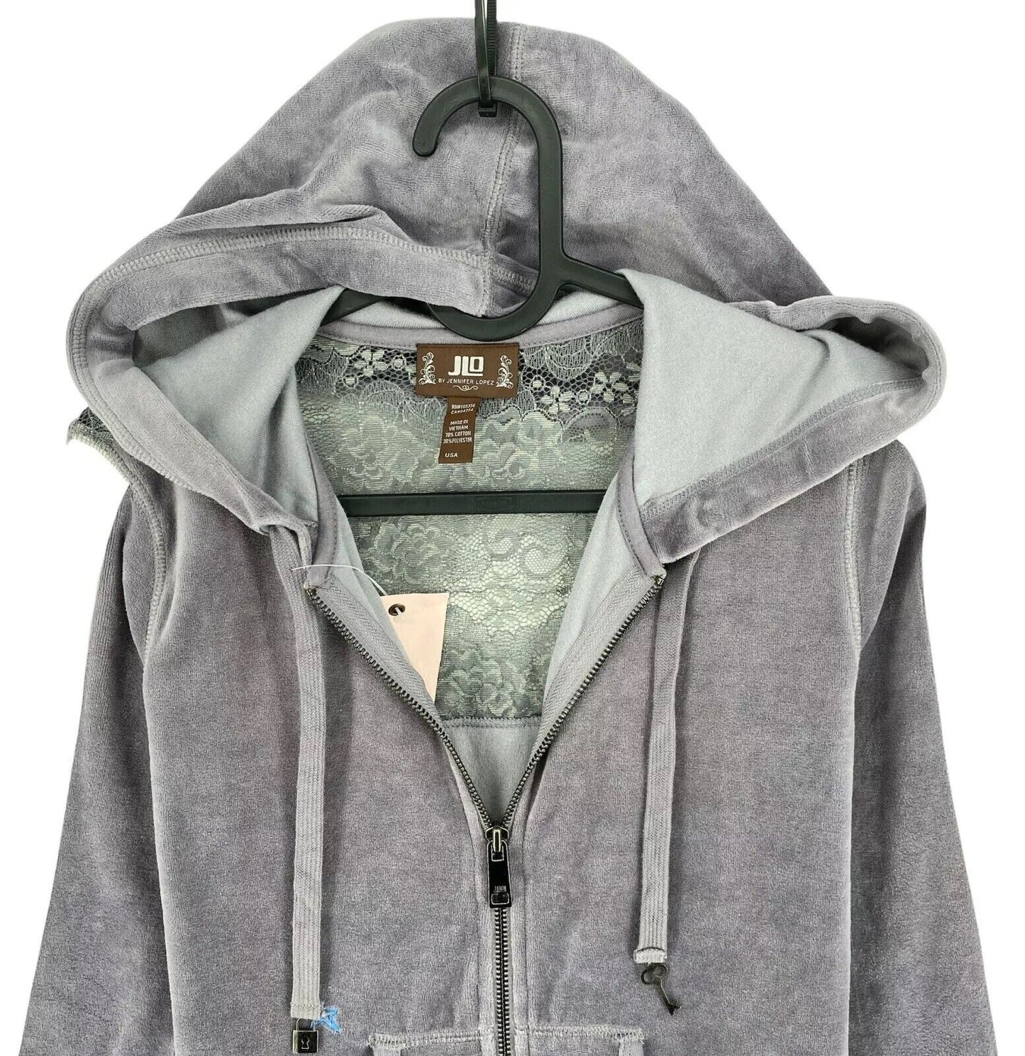 JLO By Jenifer Lopez Women Grey Velvet Full Zip Sweat Hoodie Jumper Size XS