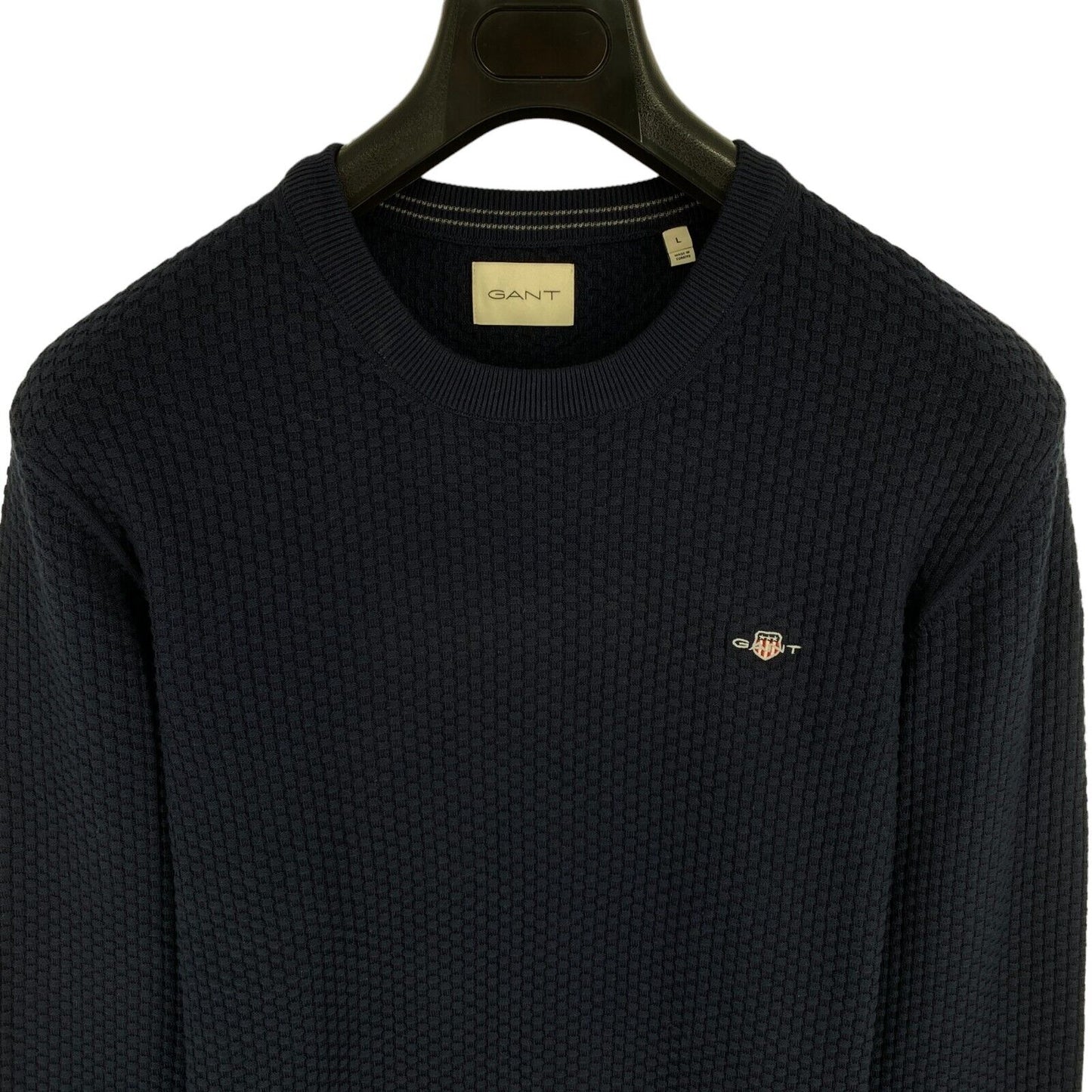 GANT Men Navy Blue Textured Crew Neck Sweater Pullover Size L