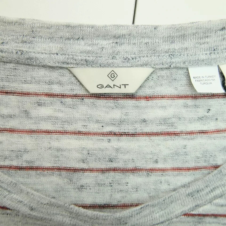 GANT Mens Grey Striped 100 % Linen Crew Neck T Shirt Size L