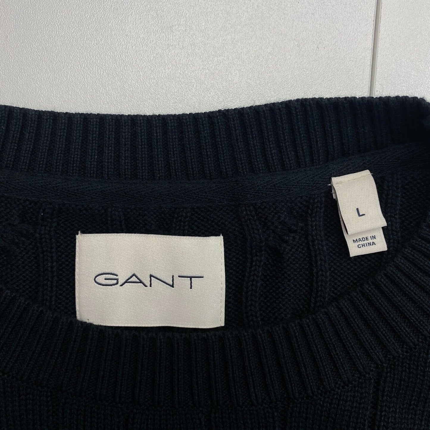 GANT Men Black Cable Knit Crew Neck Sweater Jumper Size L