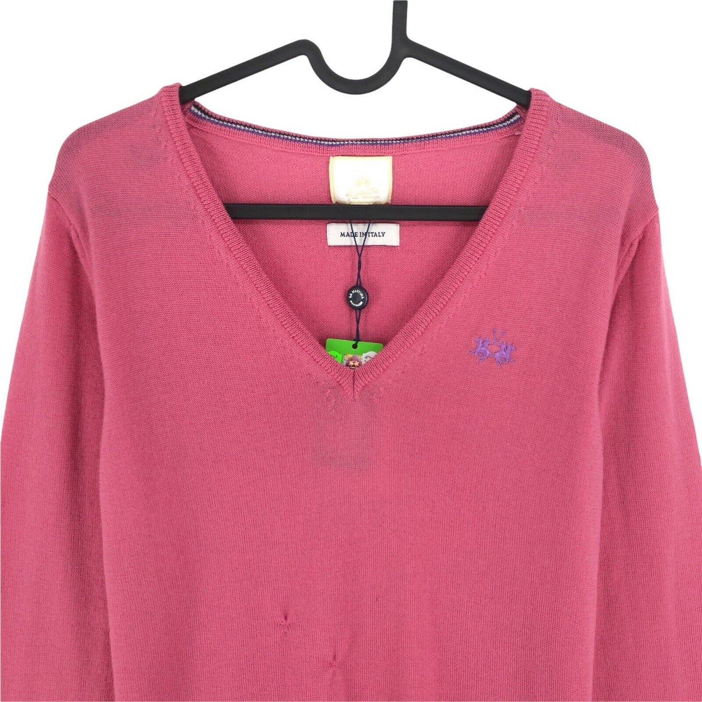 LA MARTINA Pullover mit V-Ausschnitt, 100 % Merinowolle, Rosa, Größe 3/L