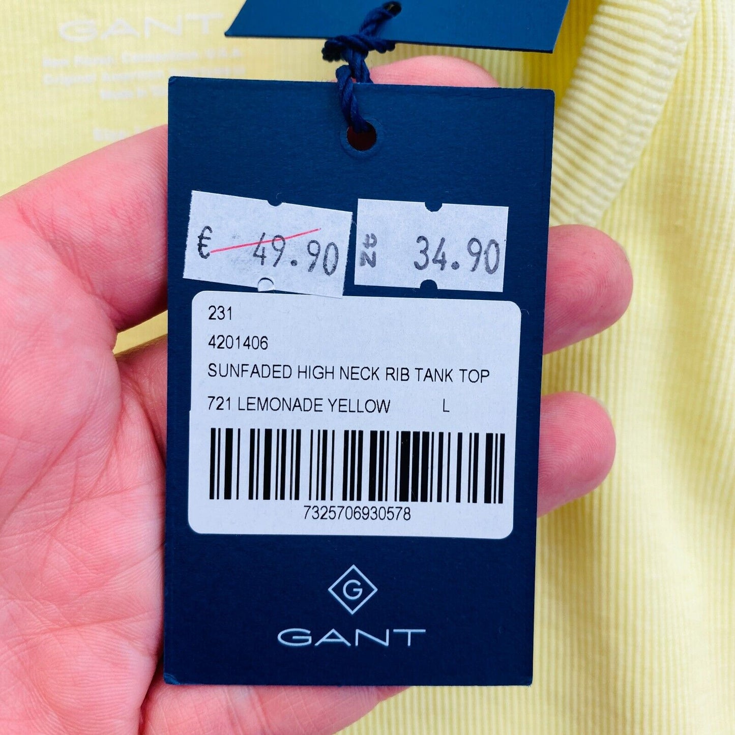 GANT Women Yellow Sun Faded Crew Neck Rib Tank Top Size L