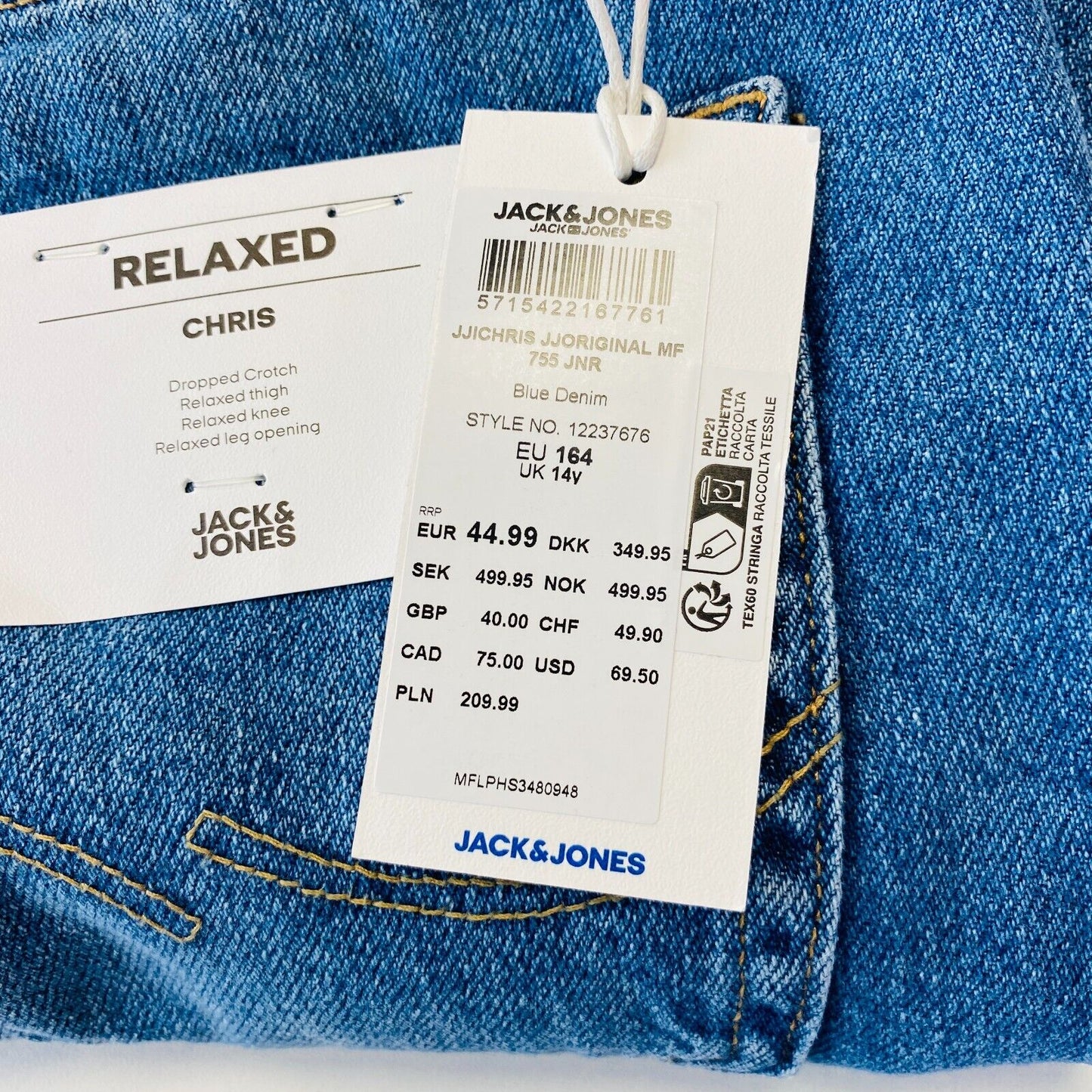 JACK & JONES CHRIS Boys Blue Relaxed Straight Fit Jeans 14 Years 164 cm. W28