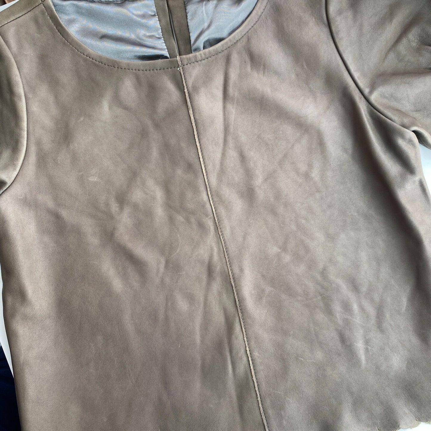 UVP 438 € Odd Molly Graubraune Bluse mit Rundhalsausschnitt, 100 % Leder, Größe 0/XS