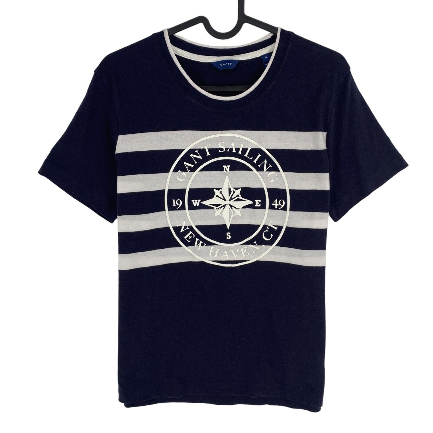 GANT Women Navy Blue Striped Print Crew Neck SS T Shirt Size M