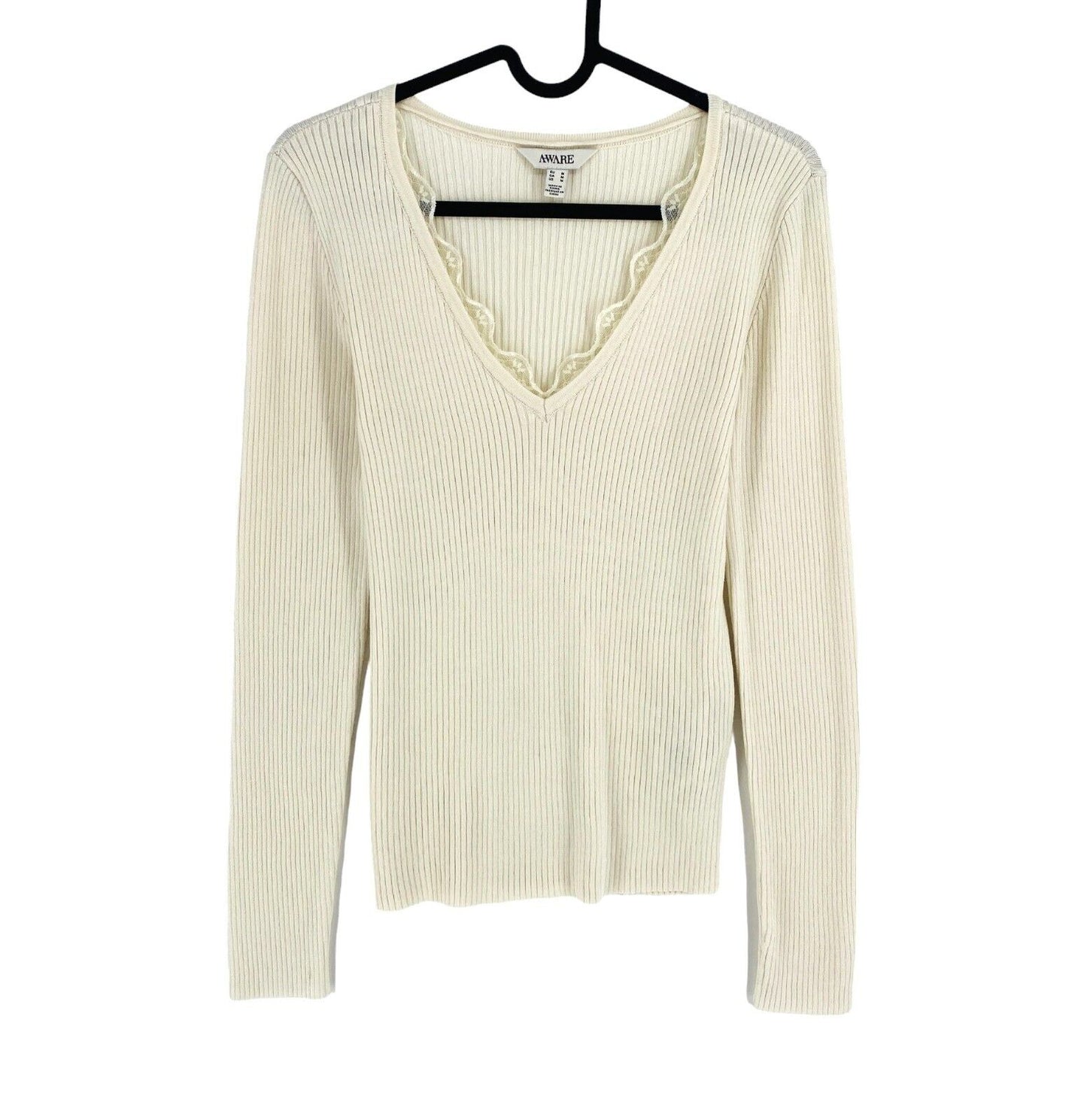 AWARE BY VERO MODA Womens Beige V Neck Knit Long Sleeves Top Size M