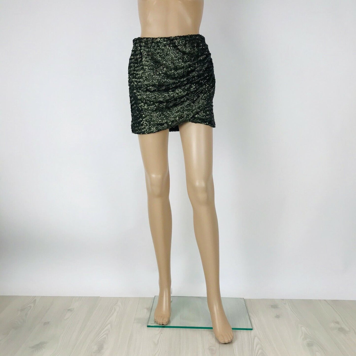 PULL&BEAR Women's Olive Green Sequin Sparkle Stretch Mini Short Skirt Size S W26