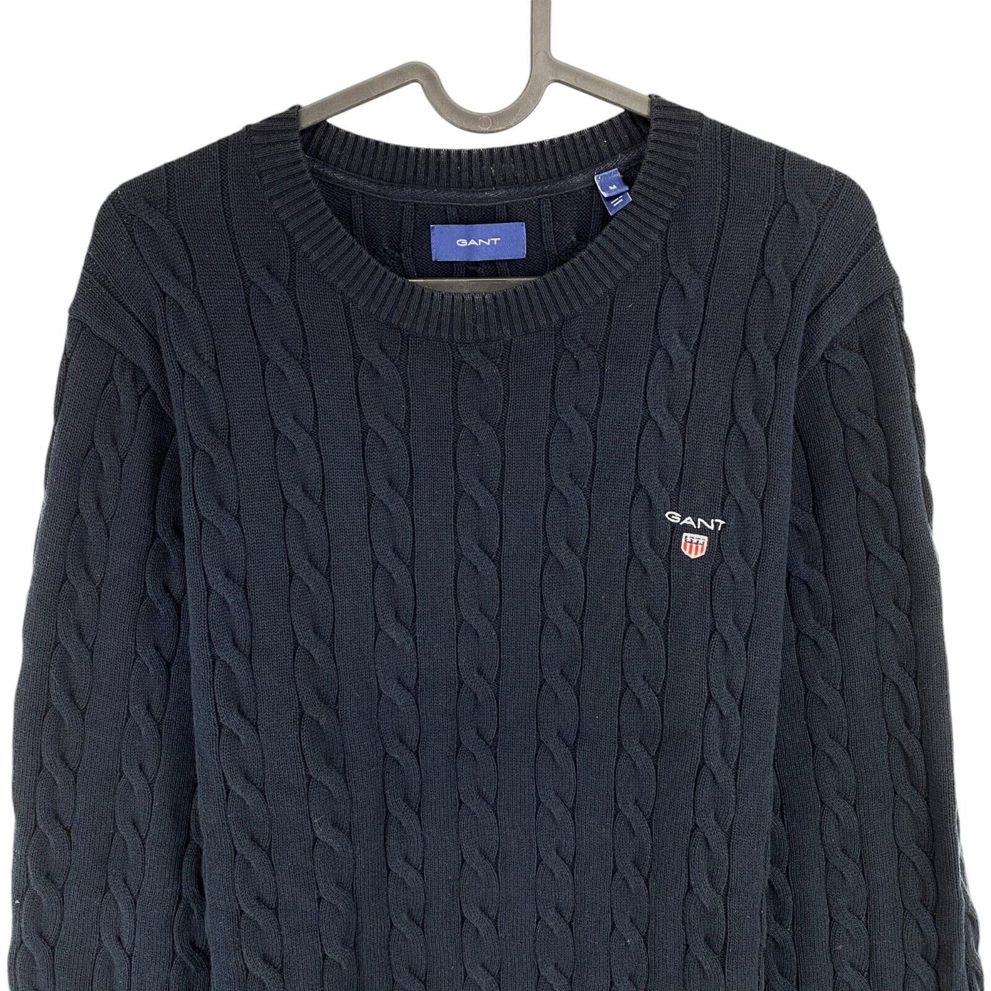 GANT Men Navy Blue Cotton Cable Knit Crew Neck Sweater Jumper Size M