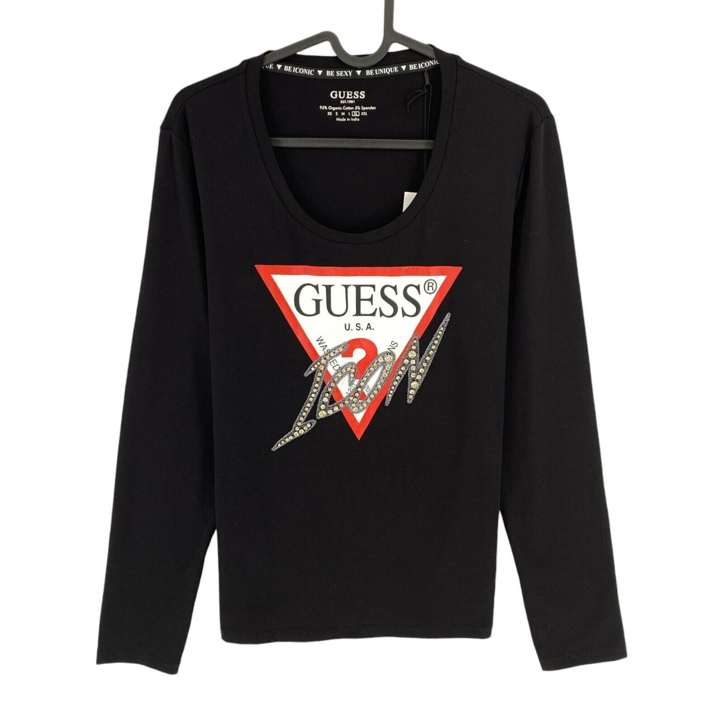 GUESS Women Black Logo Scoop Neck Long Sleeves T Shirt Size XL