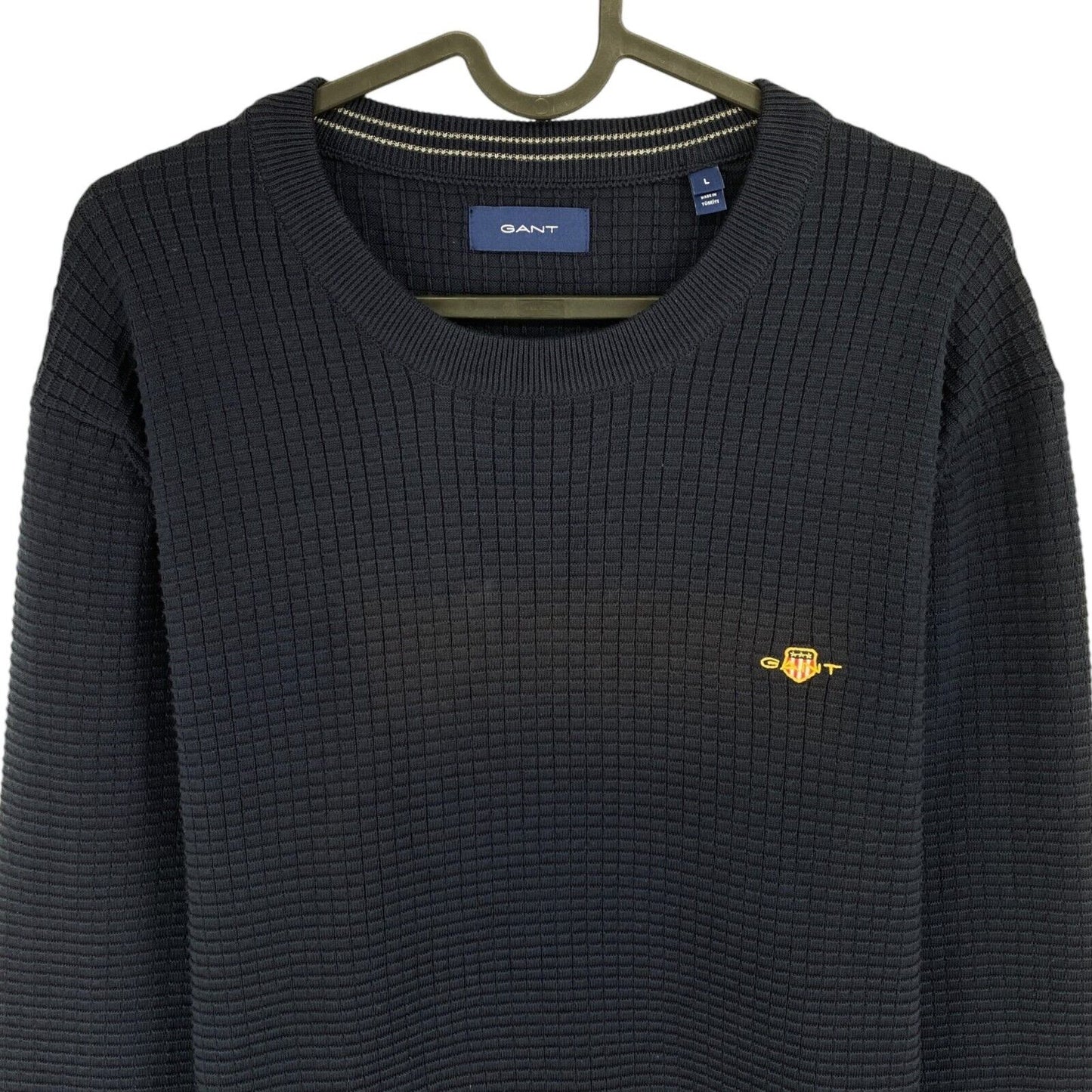 GANT Men Navy Blue Cotton Texture Crew Neck Sweater Jumper Size L