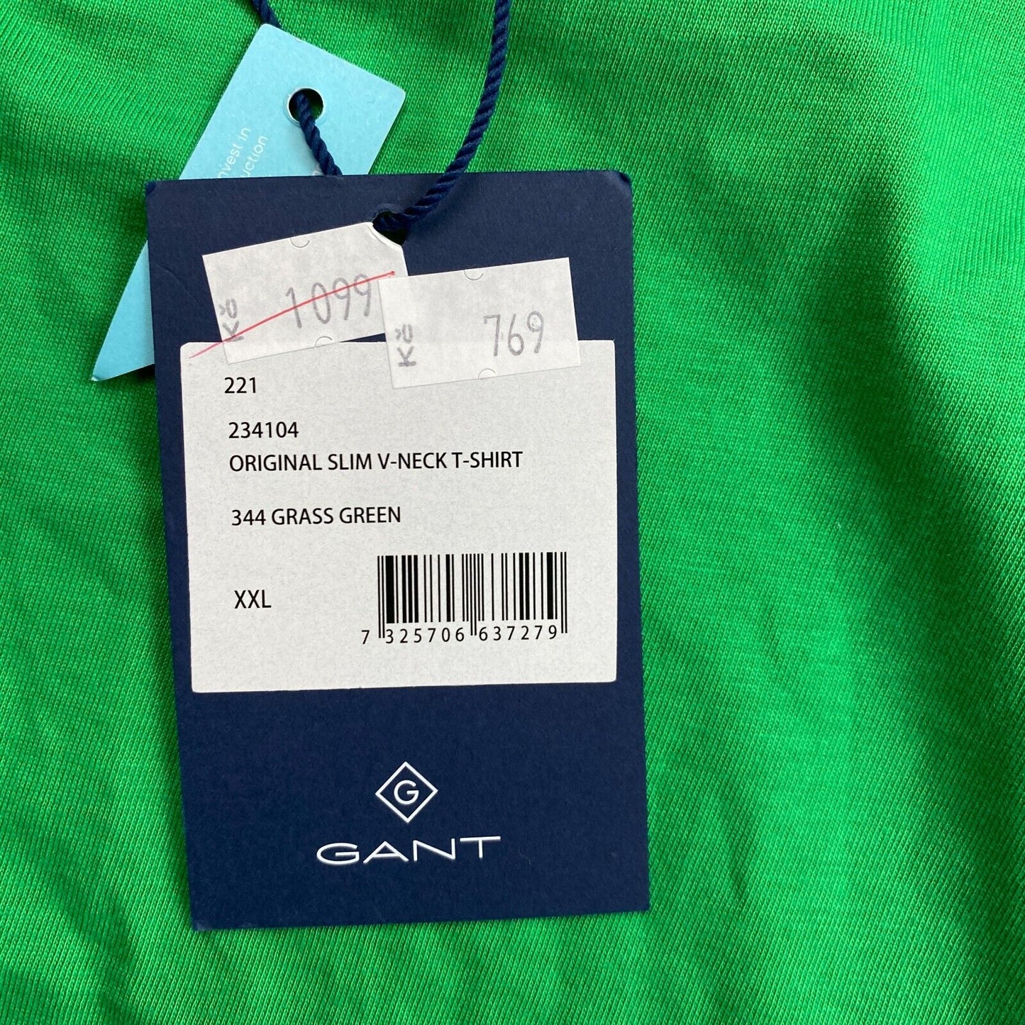 GANT Green Original Slim Fit V Neck Short Sleeves T Shirt Size 2XL XXL