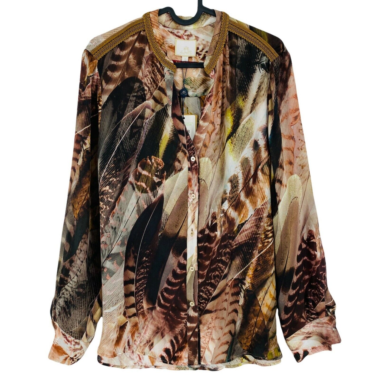 LA MARTINA Royal Box Brown Feather Print 100% Silk Shirt Size 3 / M 6 / XXL