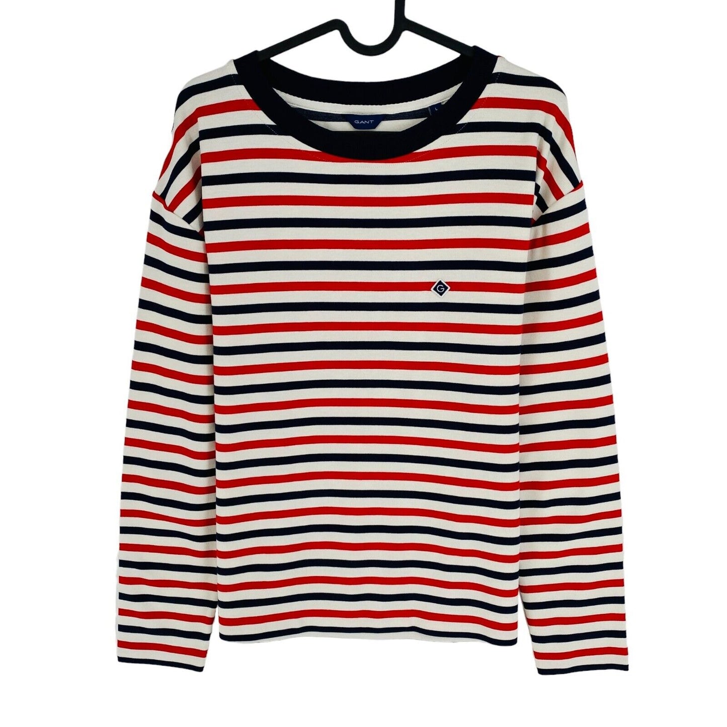 GANT Women Red Icon G Stripe Long Sleeve Crew Neck T Shirt Size L