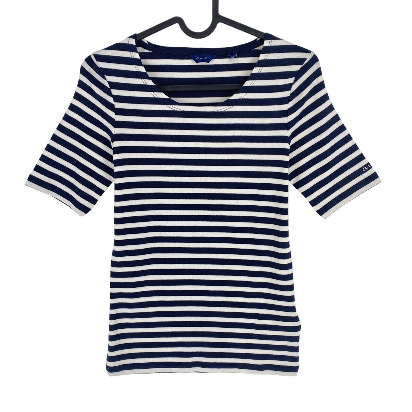 GANT Women Navy Blue Striped 1x1 Rib Crew Neck SS T Shirt Size XS