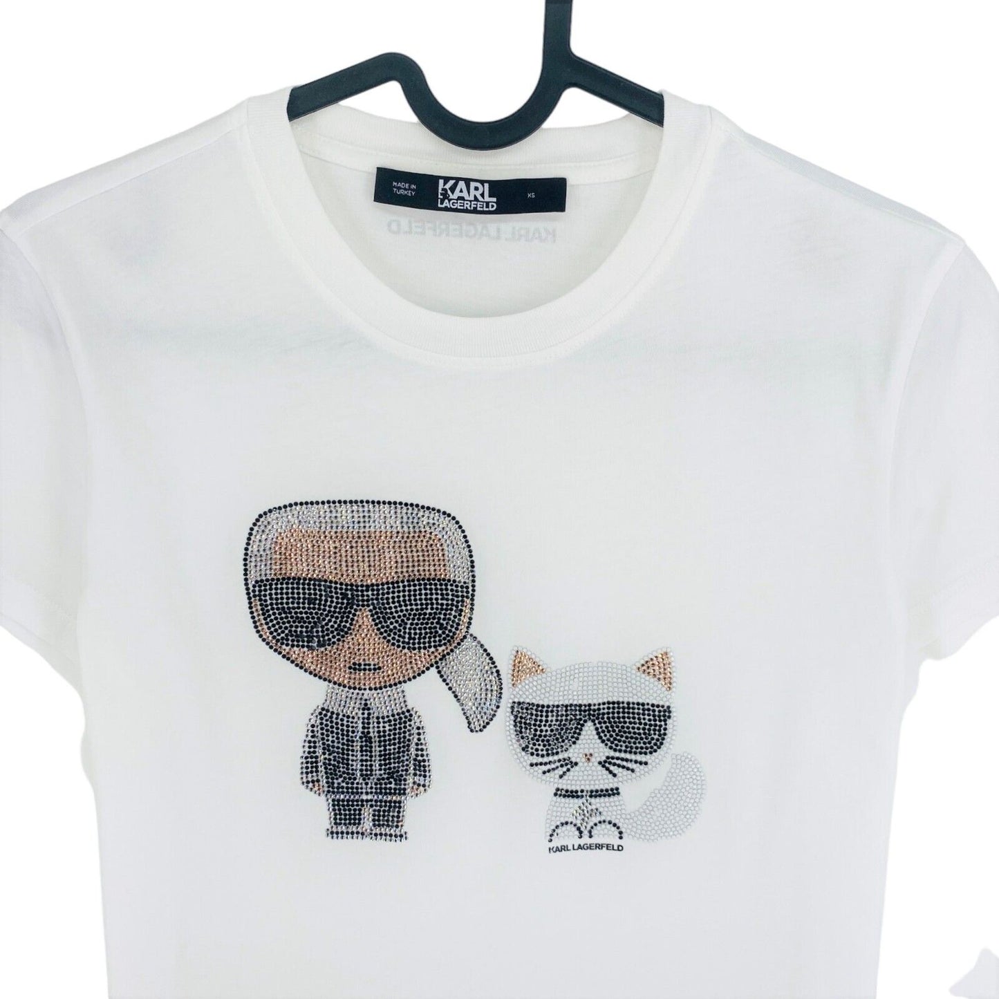 Karl Lagerfeld White Ikonik Rhinestone Couple Crew Neck T-Shirt Top Size XS