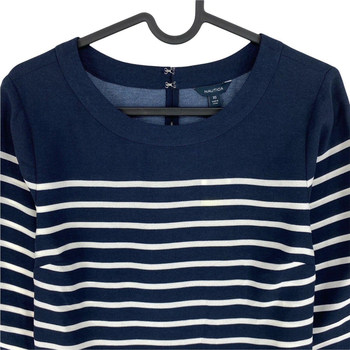 NAUTICA Navy Blue Striped Long Sleeves Flared Crew Neck Blouse Size XS