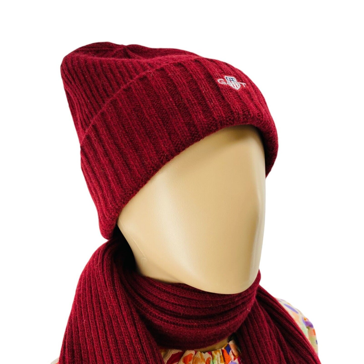 GANT Dark Red Unisex Adult Wool Knit Hat Beanie Scarf Gift One Size