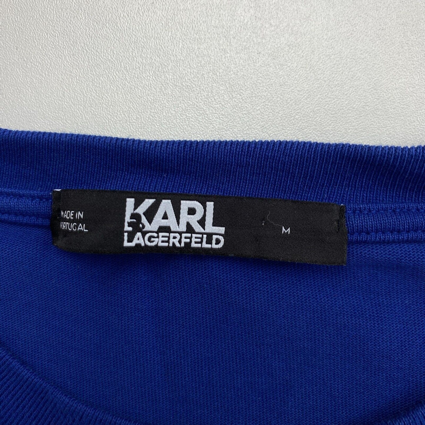 KARL LAGERFELD Navy Blue Flock Print Crew Neck T Shirt Size M