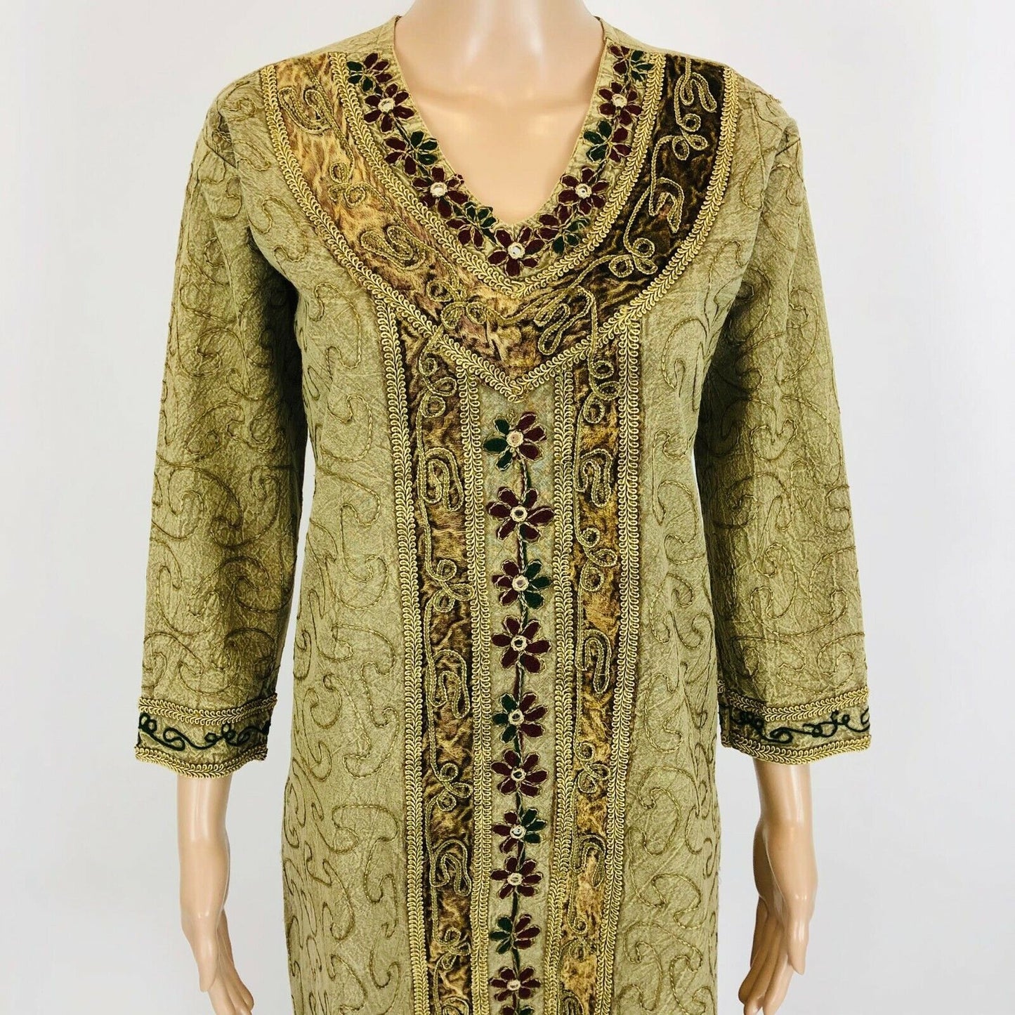 Olive Green Gold Embroided Kaftan Tunic Dress Size S