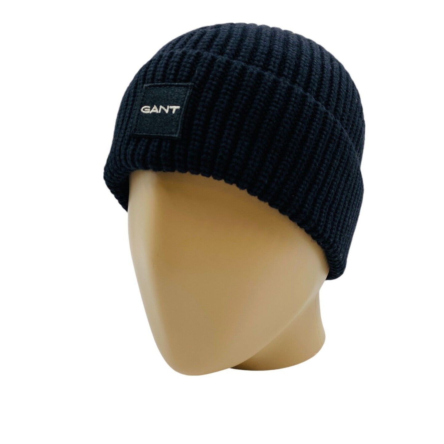 GANT Unisex Adult Black Cotton Wool Blend Rib Knit Beanie Winter Hat One Size