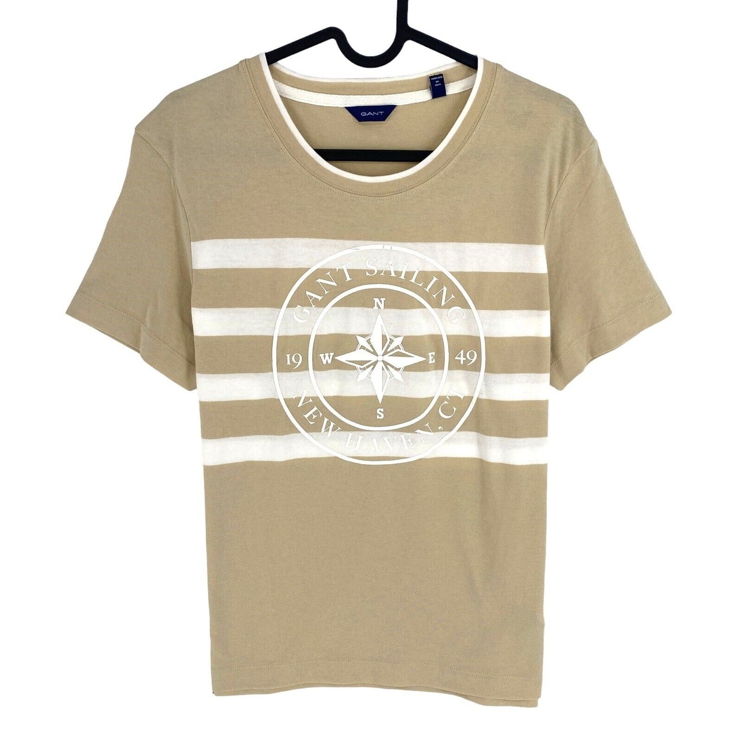 GANT Women Light Brown Striped Nautical Logo Crew Neck T Shirt Size M