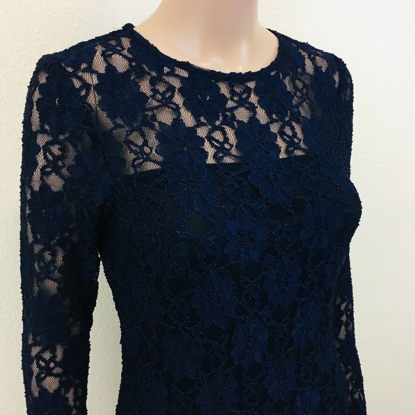 RRP $129 ZARA Dark Blue Long Sleeve Crochet Evening Dress Size S