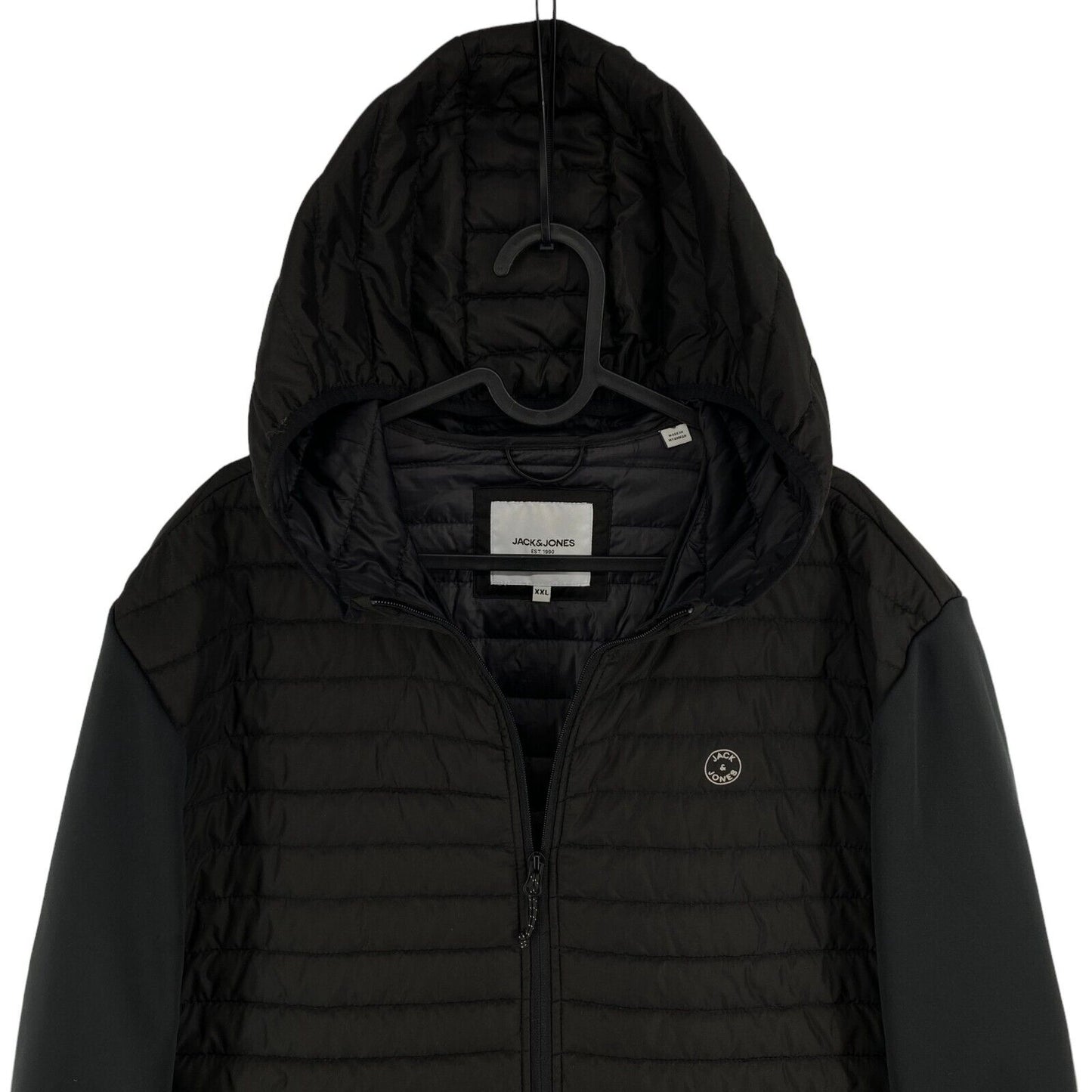 JACK&JONES Men Black Multi Quilted Hooded Jacket Coat Size 2XL XXL