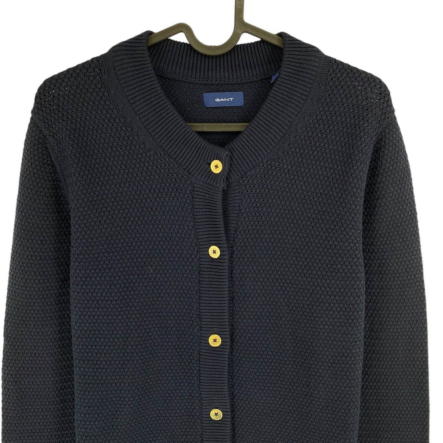 GANT Women Navy Blue Cotton Texture Crew Neck Cardigan Sweater Size M