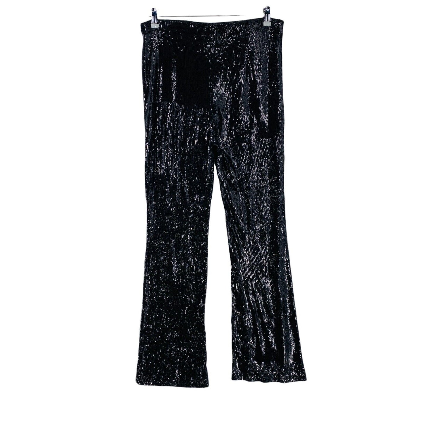 MANGO Women Black Regular Straight Fit Sequin Trousers Size XL