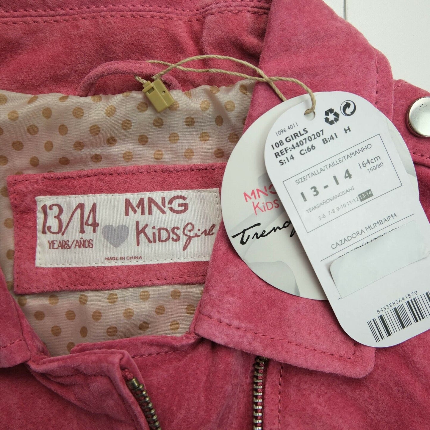 MNG Bikerjacke aus Leder für Mädchen, Rosa, Größe 13–14 Jahre, 164 cm