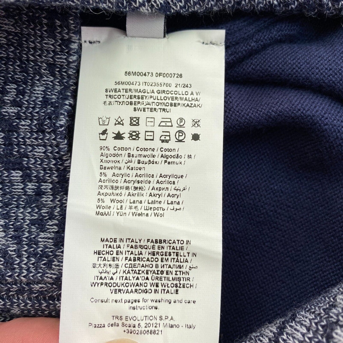 TRUSSARDI Marineblaue Strickbluse mit V-Ausschnitt und kurzen Ärmeln, Größe M