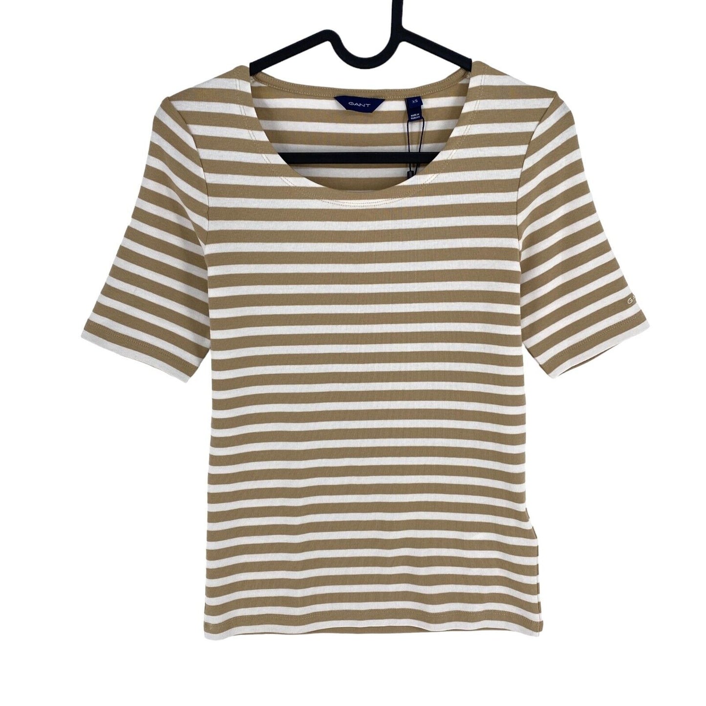 GANT Women Brown Striped 1x1 Rib Crew Neck Short Sleeve T Shirt Size XS