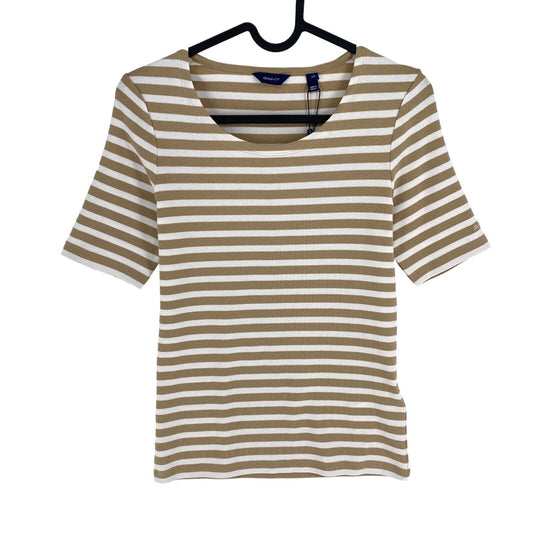 GANT Women Brown Striped 1x1 Rib Crew Neck Short Sleeve T Shirt Size XS