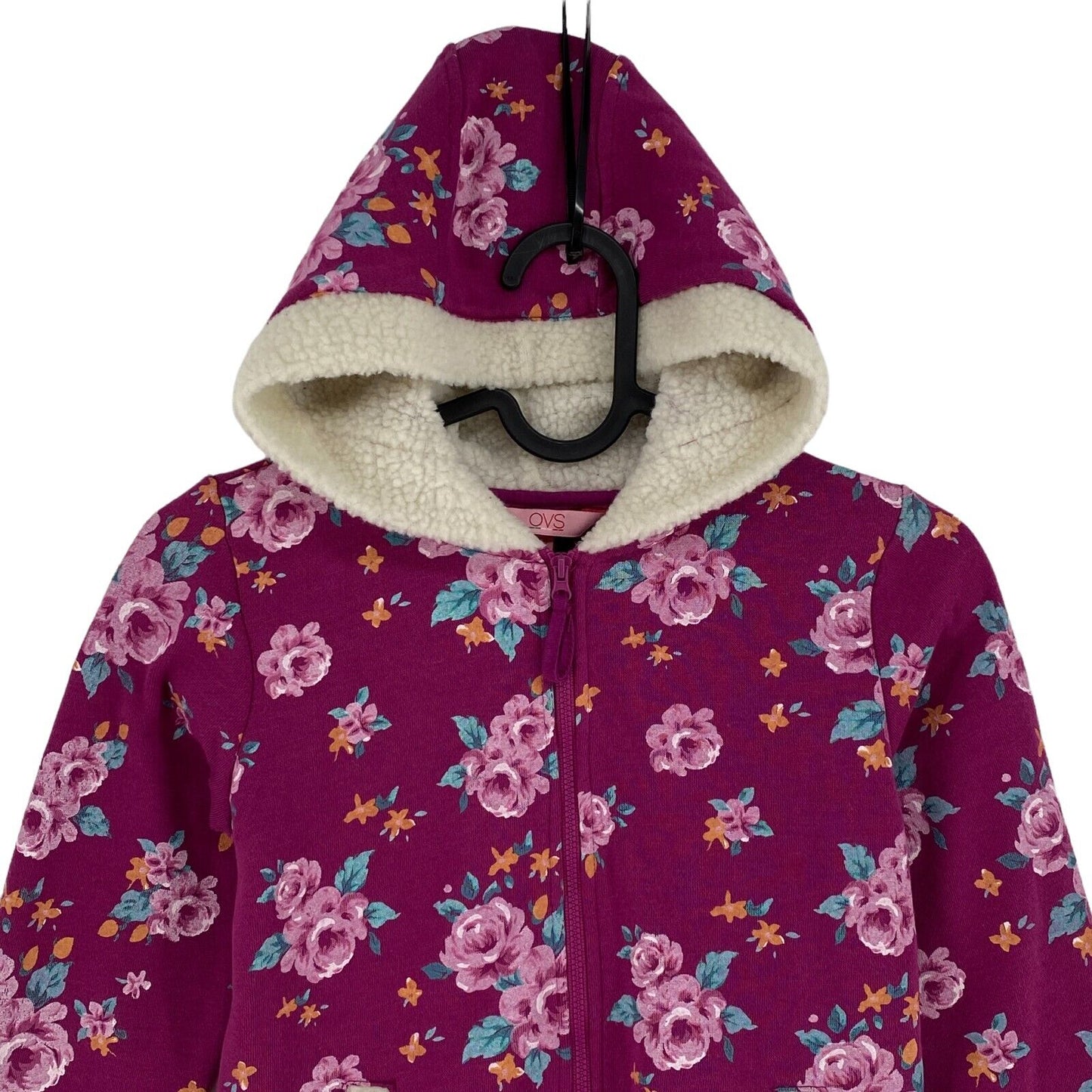 OVS Floral Pink Cotton Blend Hooded Full Zip Cardigan Jumper Size 7-8 Years