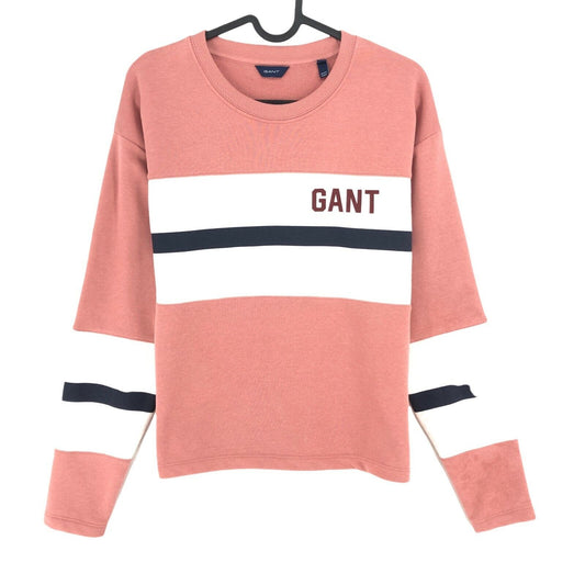 GANT Pullover mit Rundhalsausschnitt, Logo und Streifen, Rosa, Größe XS