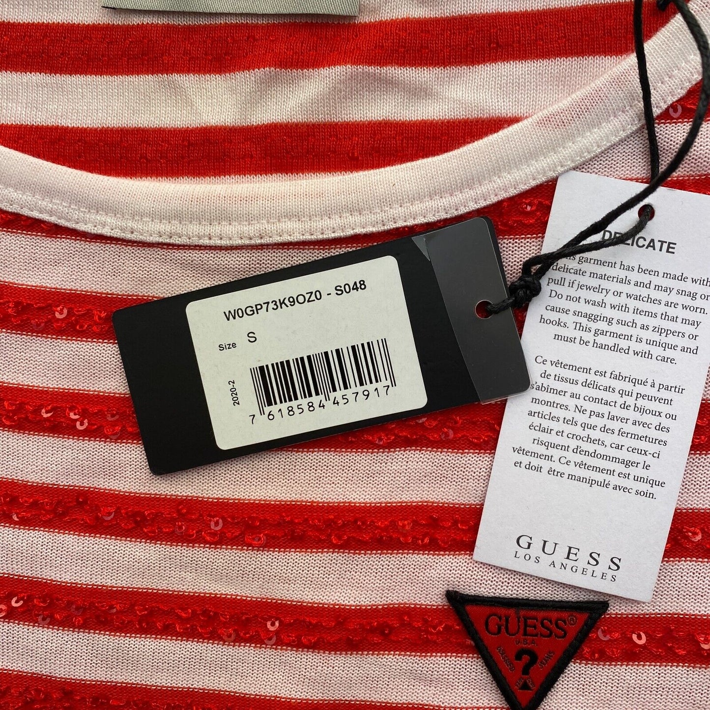 GUESS Women Red Sequin Stripes Short Sleeves T Shirt Size S