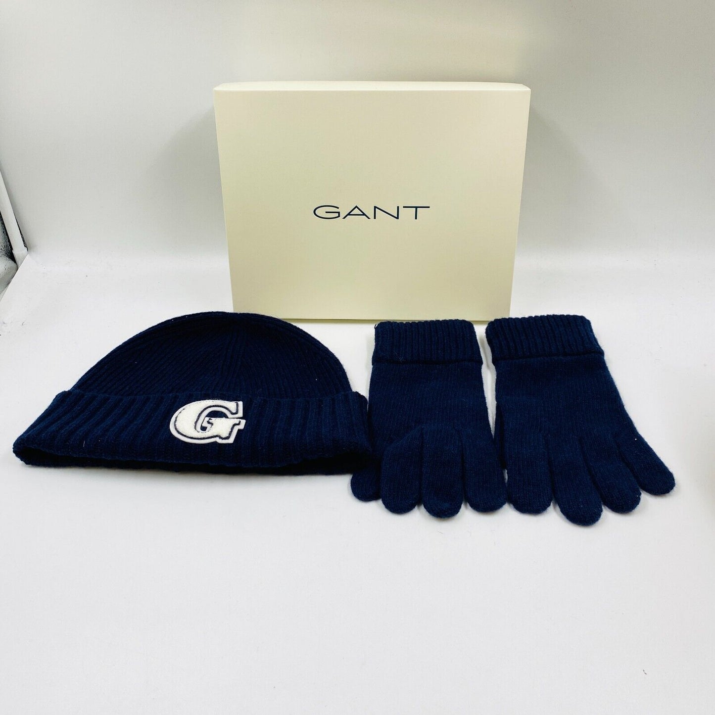 GANT Women Dark Blue Wool Blend Knit Beanie Hat & Gloves Gift Set One Size