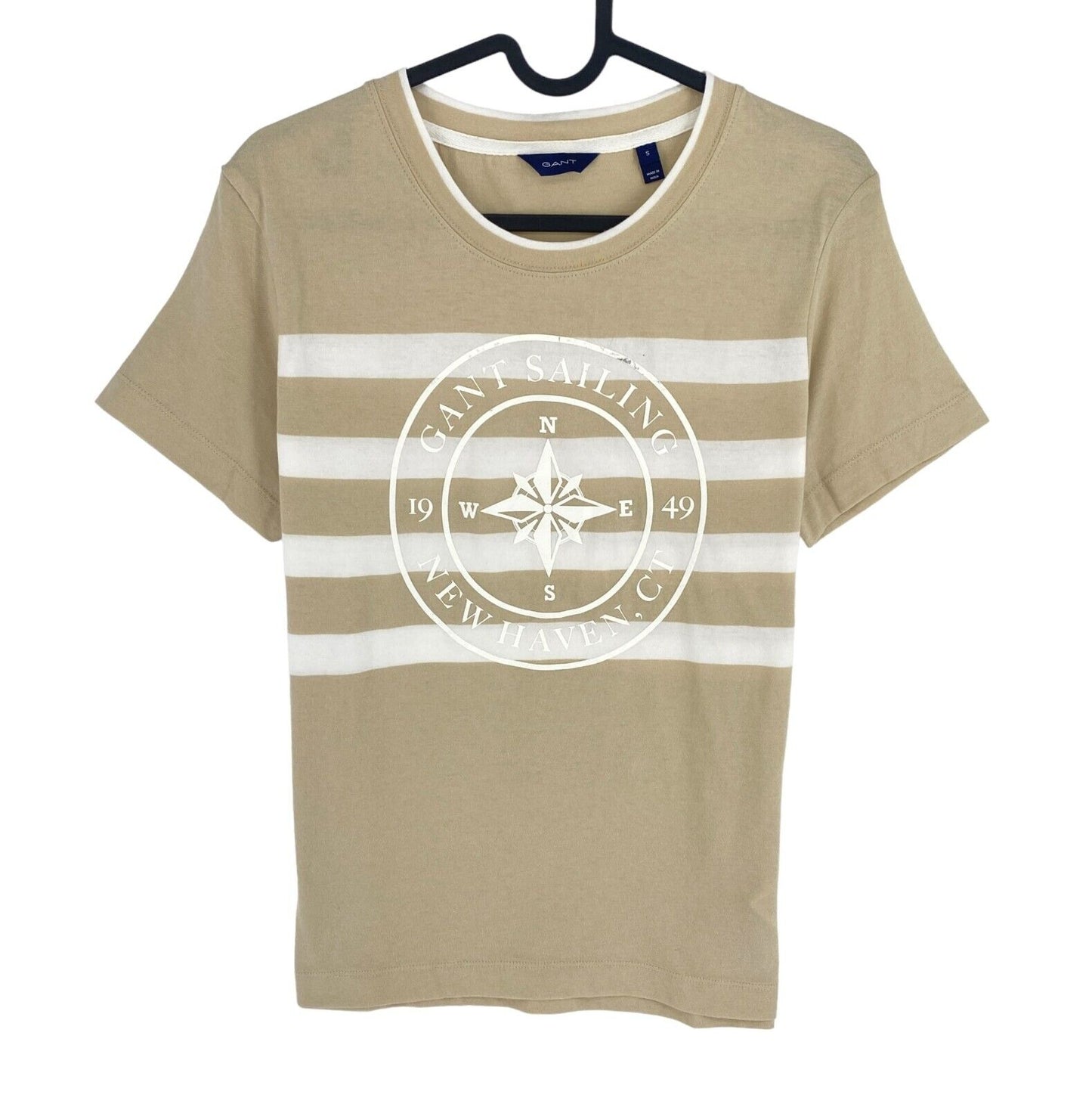 GANT Women Beige Printed Striped Crew Neck Short Sleeves T Shirt Size S